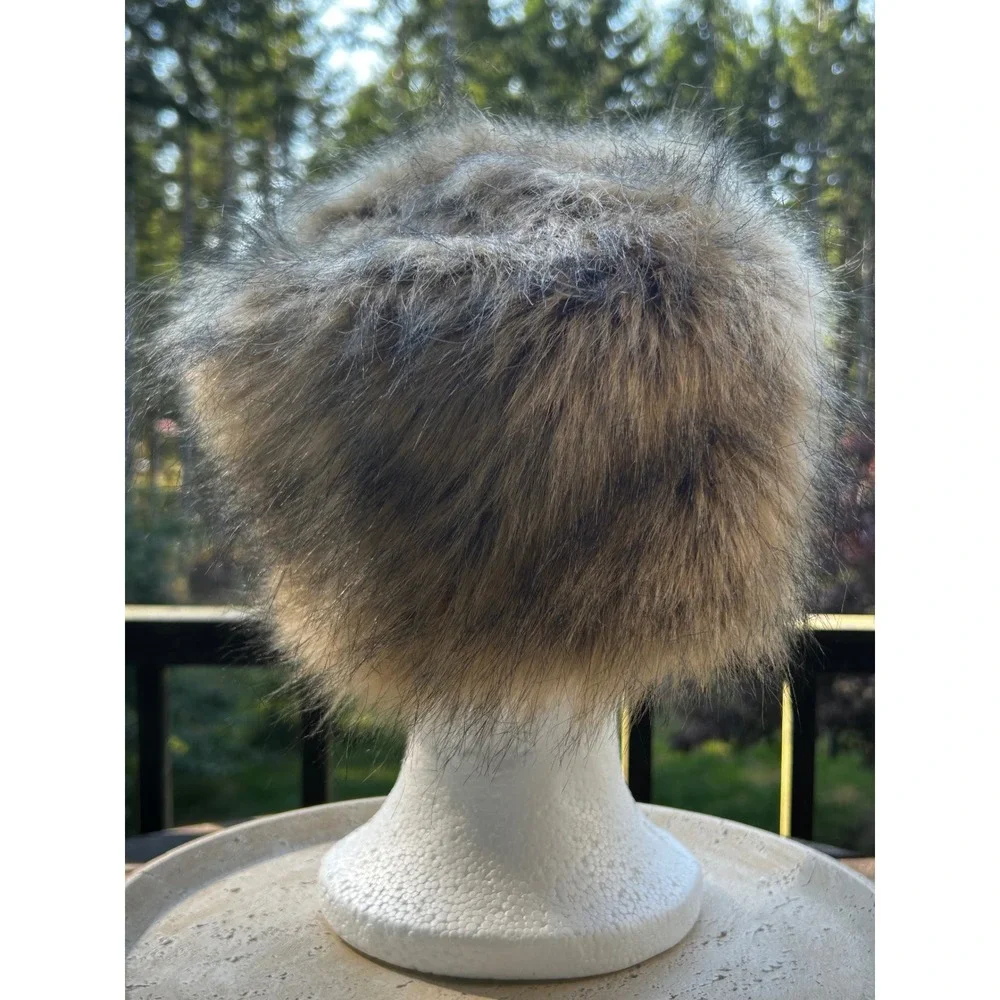 Brown Faux Fur Pillbox Hat Women's Winter Cossack Russian Style Cap 23 Inch